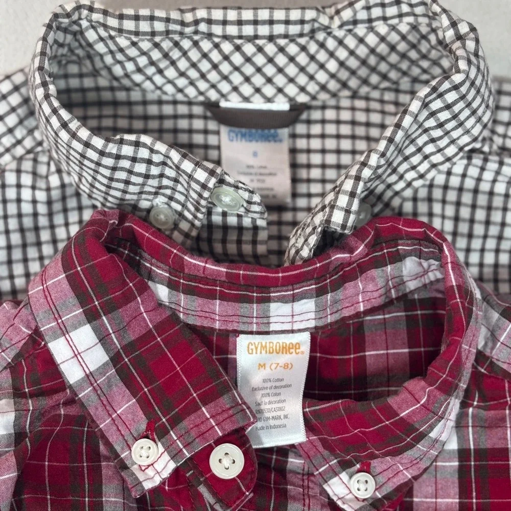 Gymboree Boys Plaid & Check Button Down Shirts Set of 2 Red Brown Size M 7-8